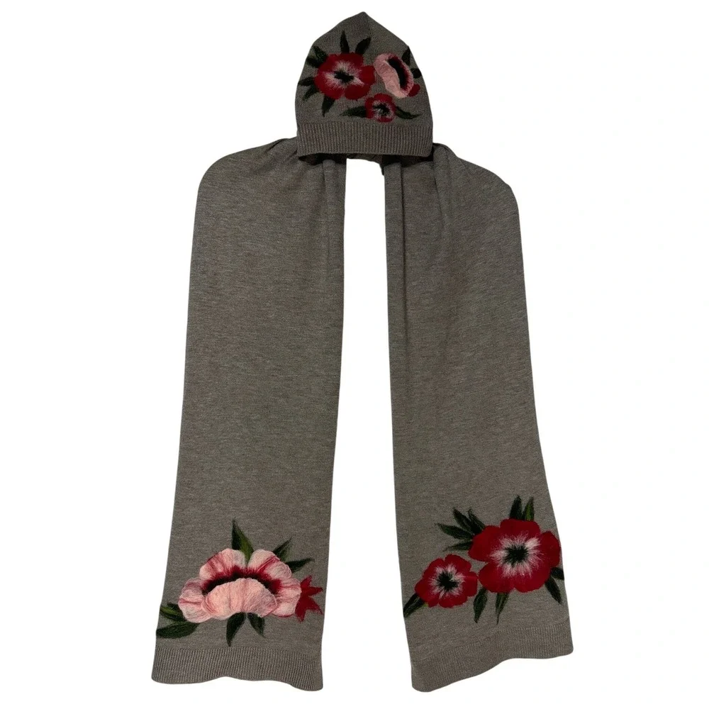 J. Jill Floral Hat and Scarf Set Wool Gray-Brown‎ Pink Red Wool Blend EUC